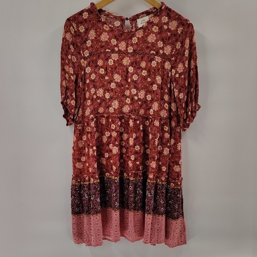 Knox Rose Mini Shift Dress Size Medium Pink Floral Tiered Short Sleeve Flowy